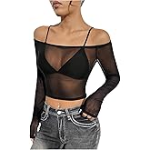 SHENHE Women's Off Shoulder Sheer Mesh Cropped Tee Long Sleeve Sexy Slim Fit Shirt Top