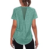 Beuwltpa Women's Long Workout Tops,Short Sleeve Dry-Fit Mesh Open Back Loose Fit Gym Athletic Running Shirts Exercise Tee