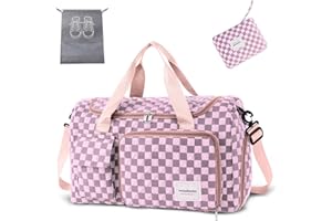 WOOMADA Foldable Travel Duffel Bag with Shoes Compartment, Overnight Bag with Wet Pocket & Trolley Sleeve, Weekender Bags for Women (pink bubble)