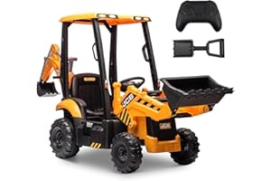 ENYOPRO 12V JCB Electric Backhoe Loader Toy Car for Kids, Battery Powered Ride on Construction Vehicle Toys w/Front Loader & Excavator, Remote Control, Moving Parts, Adjustable Seat, Soft Start