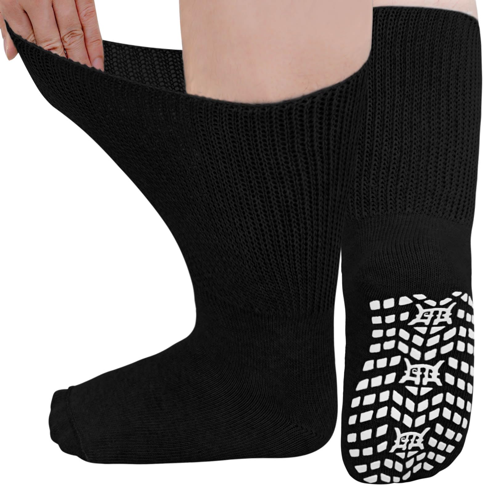 LOFIR Diabetiker Socken Herren Damen: Diabetikersocken Ohne Gummibund Baumwolle Herren ABS Socken Extra Breiter Gürtel Ohne Naht Antirutsch StopperSocken für Geschwollene Füße Schwarz 3 Paare 39-46