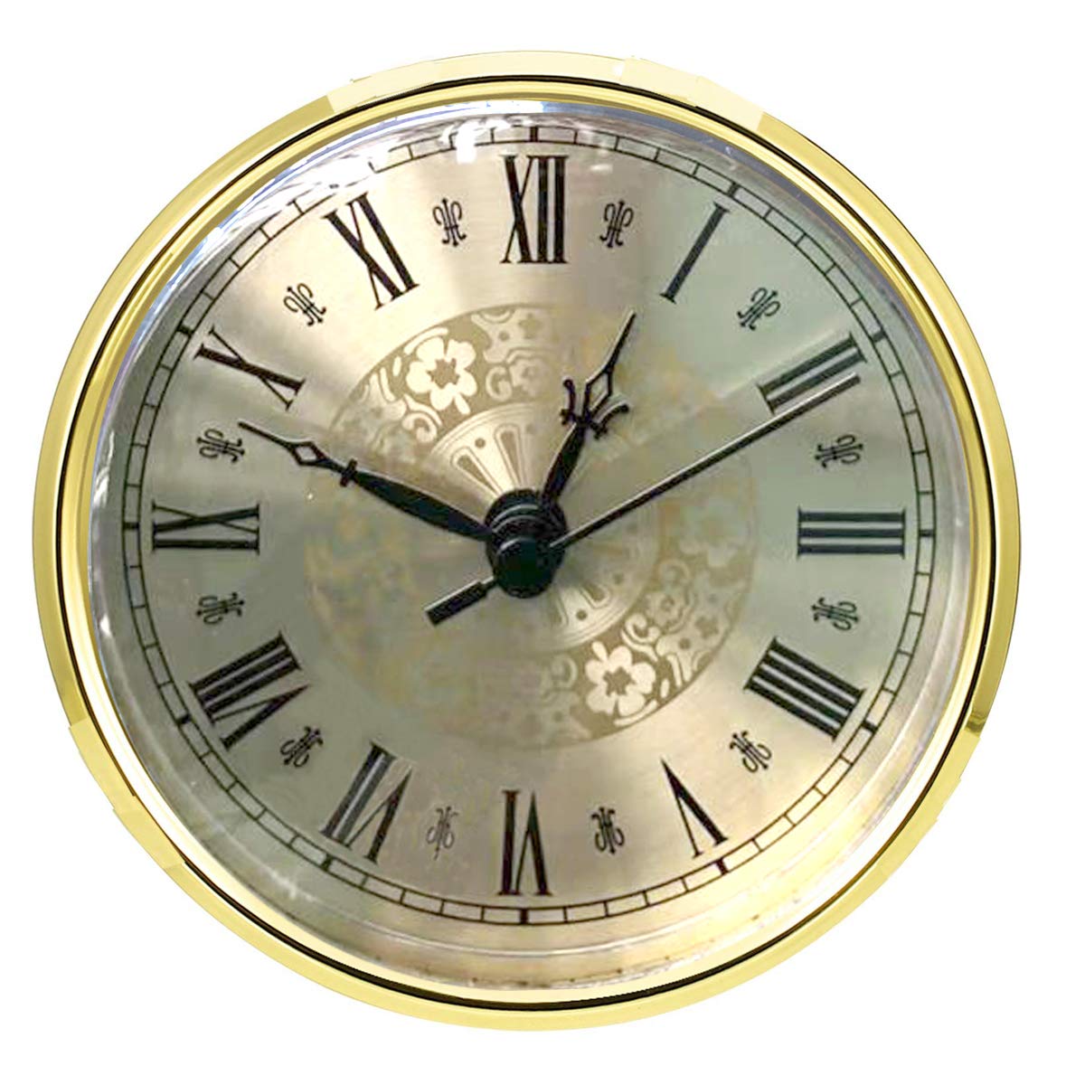 HILLHOME Mini Clock Insert 4.3 Inch(110 mm) Round Quartz Clock Fit-up Movement Miniature Clock Gold Dial Gold Tone Bezel Roman Numerals, Fit 3.7 Inch (94 mm) Diameter Hole