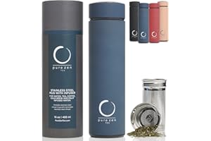 Pure Zen Tea Thermos with Infuser - Stainless Steel Insulated Tumbler for Loose Leaf Tea, Iced Coffee and Fruit-Infused Water - Leakproof - 15oz - Blue