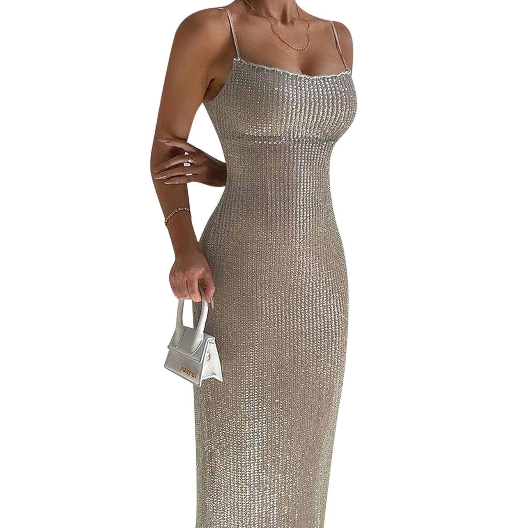 Photo 1 of Women's Sequins Midi Dress Sexy Back Slit Spaghetti Strap Bodycon Long Dress Summer Sparkly Party Dresses Light Apricot SMALL 