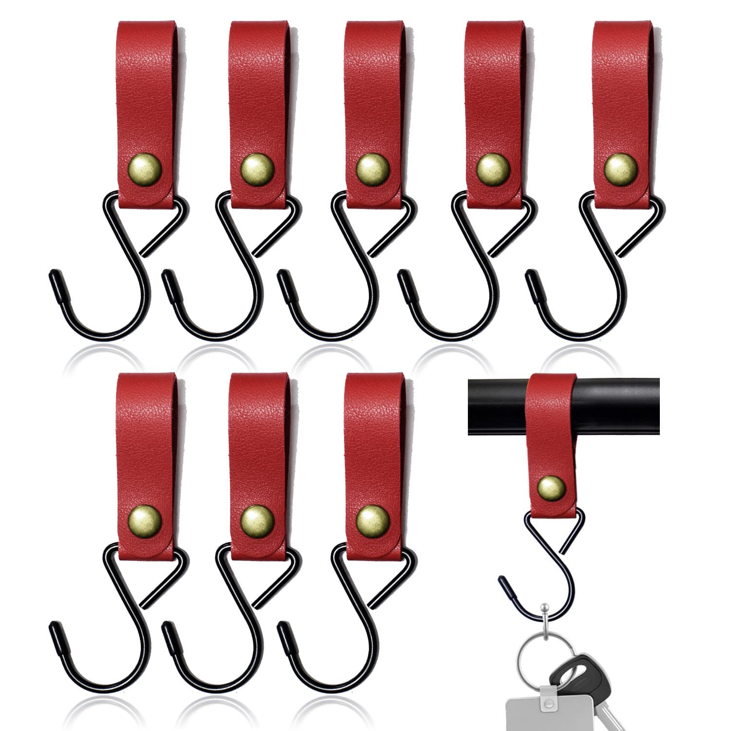 Modixun 8pcs Leather S-Hooks, S Shaped Hooks for Hanging, Camping Clips, Stroller Holders, Leather Fasteners for Coat Towel Kitchen Bathroom, Red