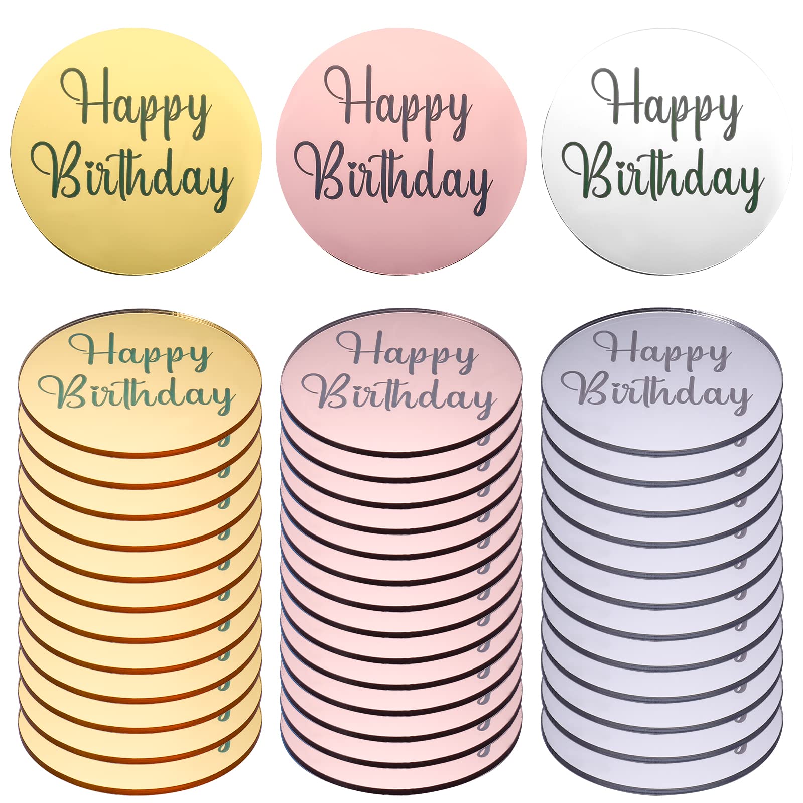 AIEX 33pcs Acrylic Happy Birthday Topper, Acrylic Happy Birthday Disc Mirror Acrylic Cupcake Toppers Mini Acrylic Cupcake Toppers Custom Cake Topper Name (Gold, Silver and Rose Gold, Round)