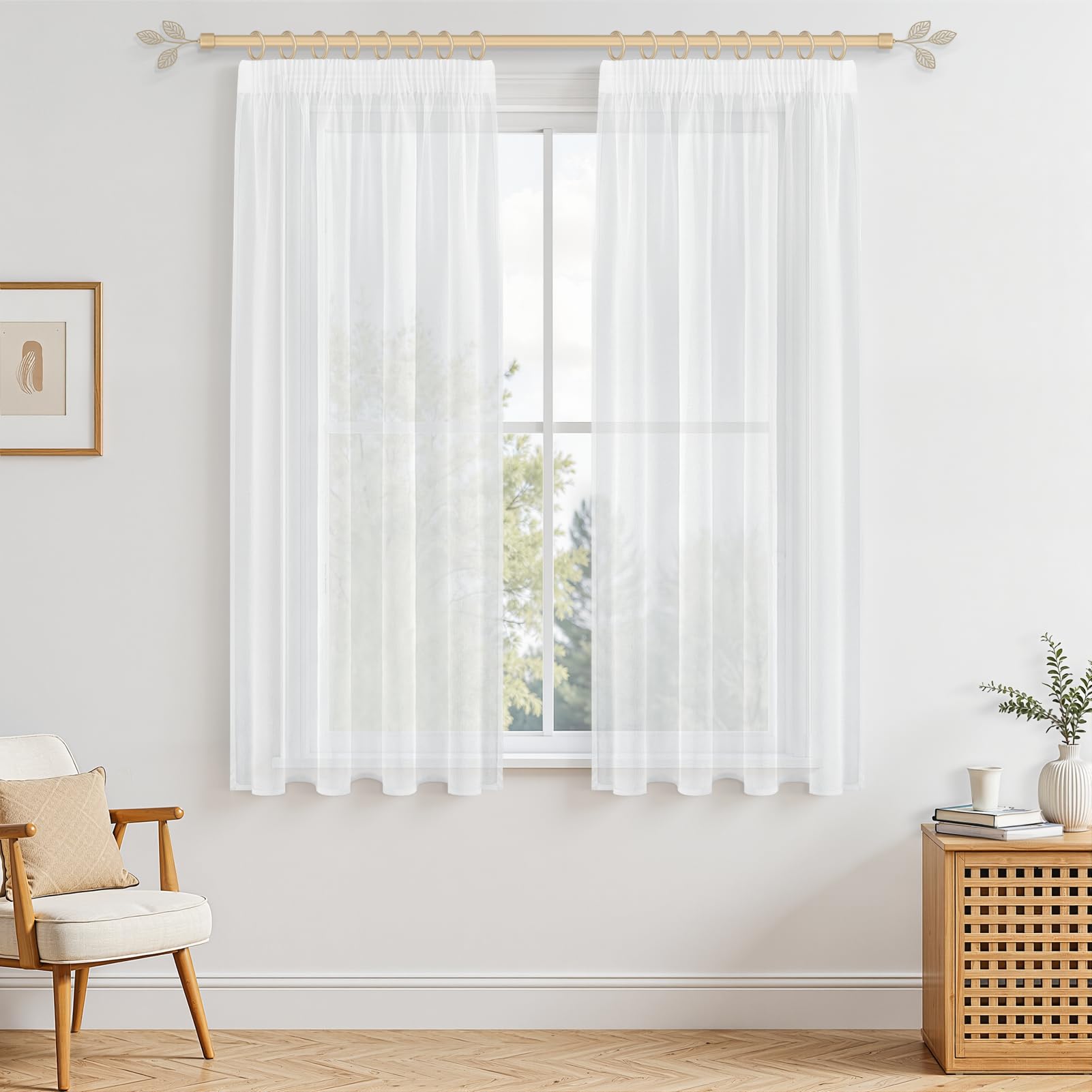 MRTREES Faux Linen White Voile Curtain for Living Room 57 Drop 2 Panels Sheer Pencil Pleat Curtains for Bedroom Windows Patio Door 55x57 Drop 140cm x 145cm