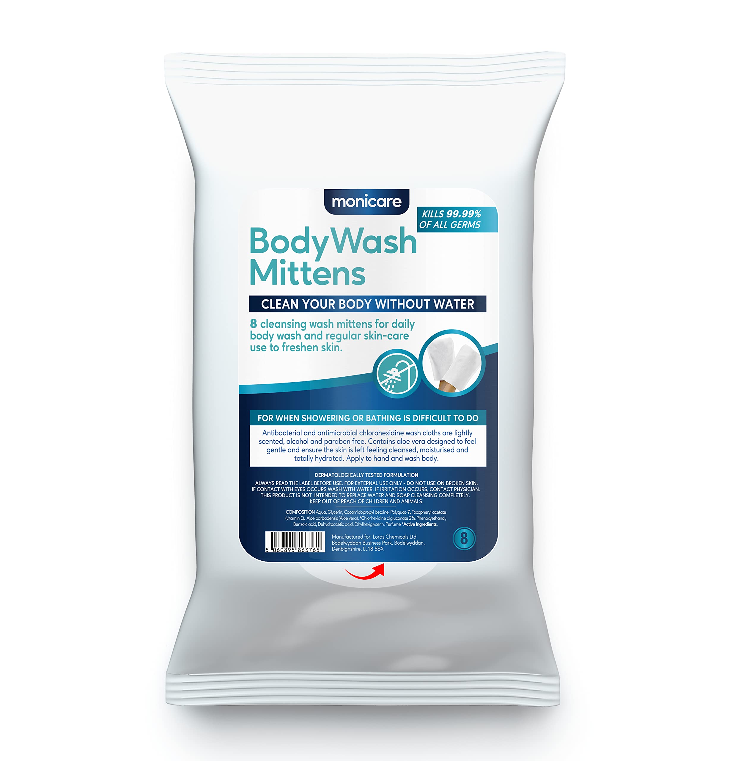 Body Wash Mittens | Adult Washgloves | Disposable Premoistened Cleansing Wipes | Pack of 8