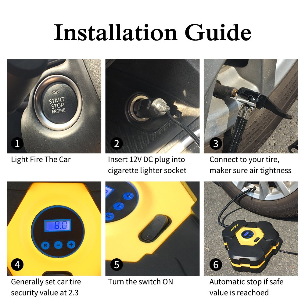 Hippih Car Air Pump- 12V DC 150PSI Portable Electric Auto Air Compressor Pump and Car Tire Inflator(Electronic Watch) 004