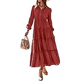 MASCOMODA Fall Long Sleeve Maxi Dresses for Women 2025 Casual Boho Button Ruffle Neck Tiered A Line Flowy Wedding Guest Dress