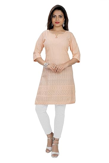 Casual & Daily Wear Cotton Chikankari Embroidery Kurti Dress for ladies and Girls in Beige.
