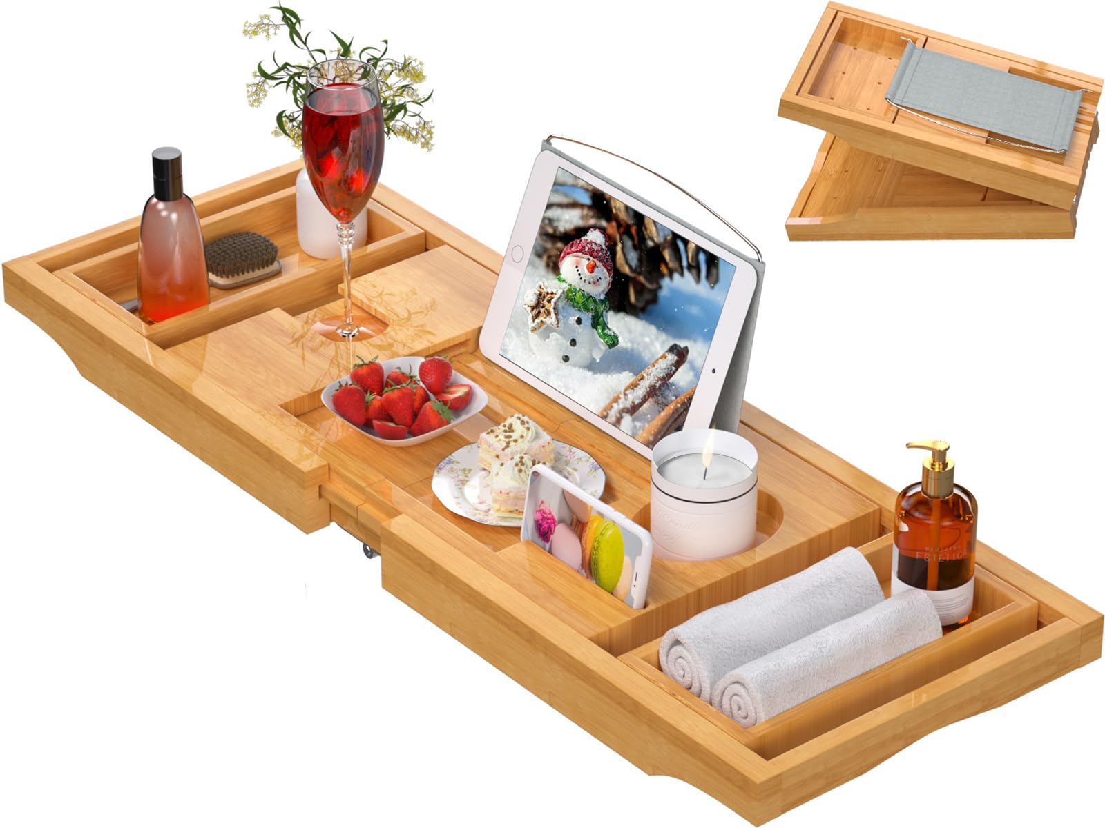 Artmalle Bathtub Caddy Tray for Tub,Foldable Bamboo Bath Table Tray with Book and Wine Glass Holder, Free Soap Dish Suitable for Luxury Spa or Reading (Natural, Foldable-Classic)