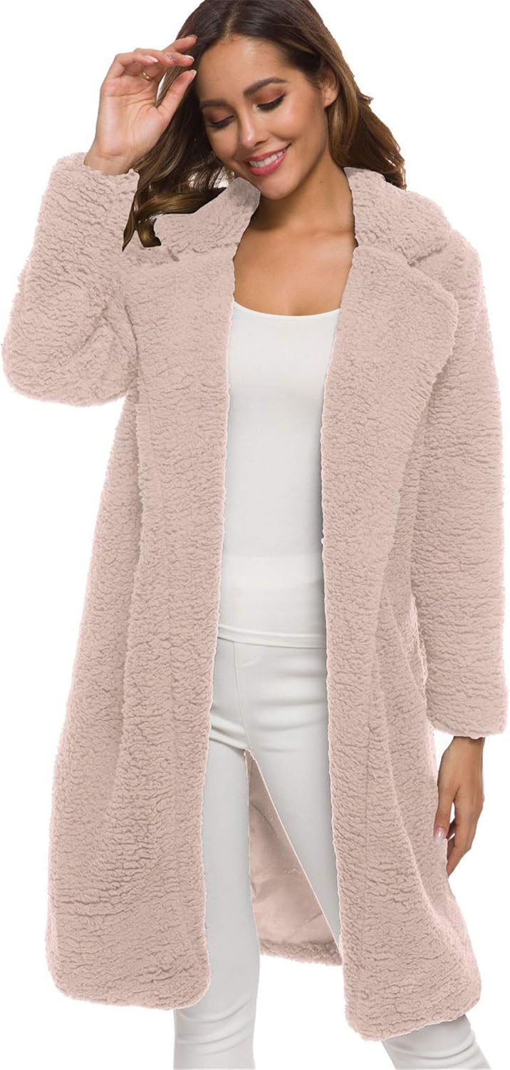 Soluo Women's Fuzzy Fleece Coat Lapel Open Front Long Shaggy Cardigan Overcoat Fashion Warm Winter Outwear Jackets at  Women’s Clothing store