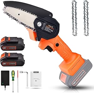 Mini Chainsaw Cordless 20V 2pcs Batteries, GOXAWEE 4 Inch Electric Power Chain Saw, One-Hand Operated Portable Wood Saw for Farming Tree Limbs, Garden Pruning, Bonsai Trunk, and Firewood