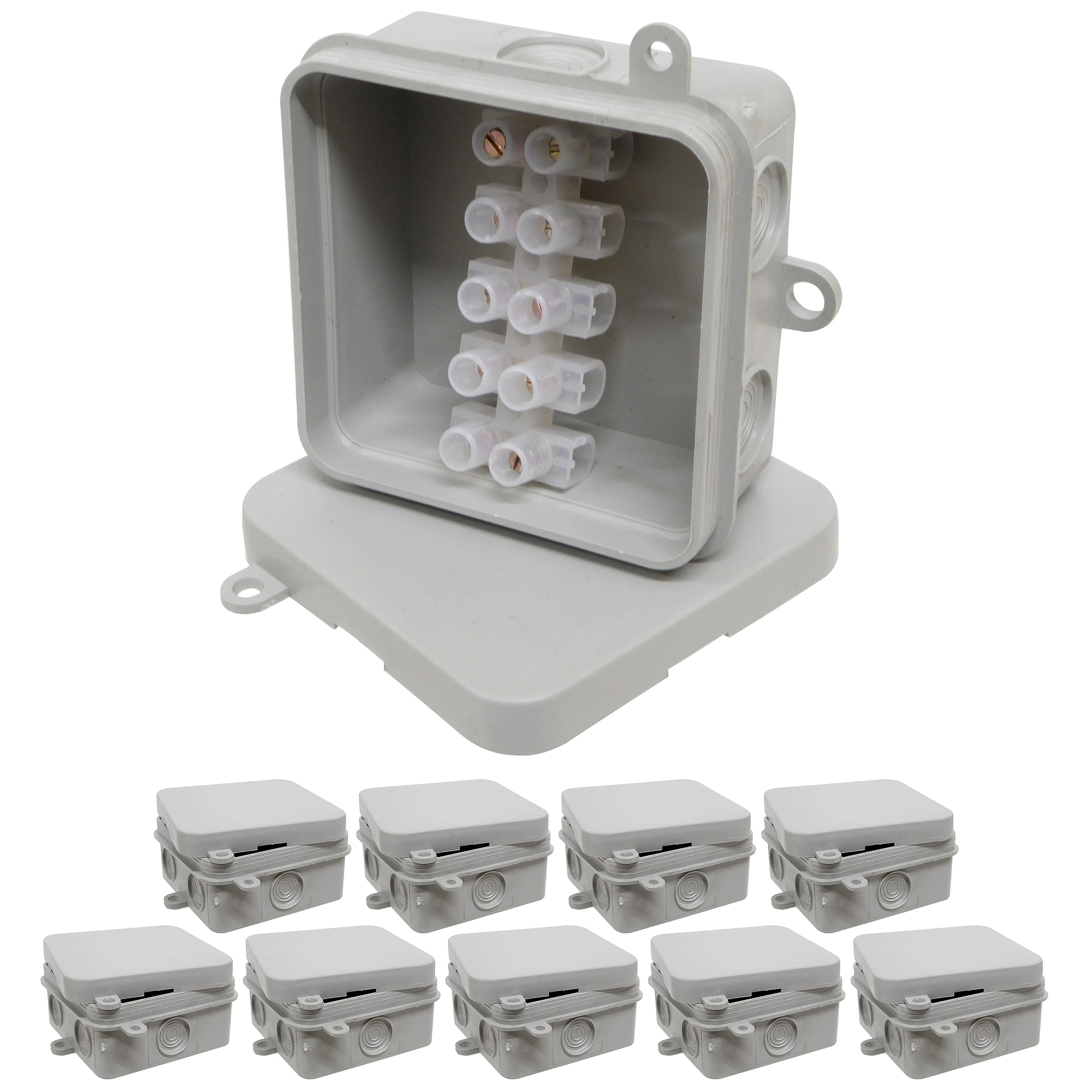 10x IP44 Junction Box with Push on Lid and 15A 5 Way Strip Connector for Electrical Wiring and Lighting - Indoor or Outdoor - 65mm