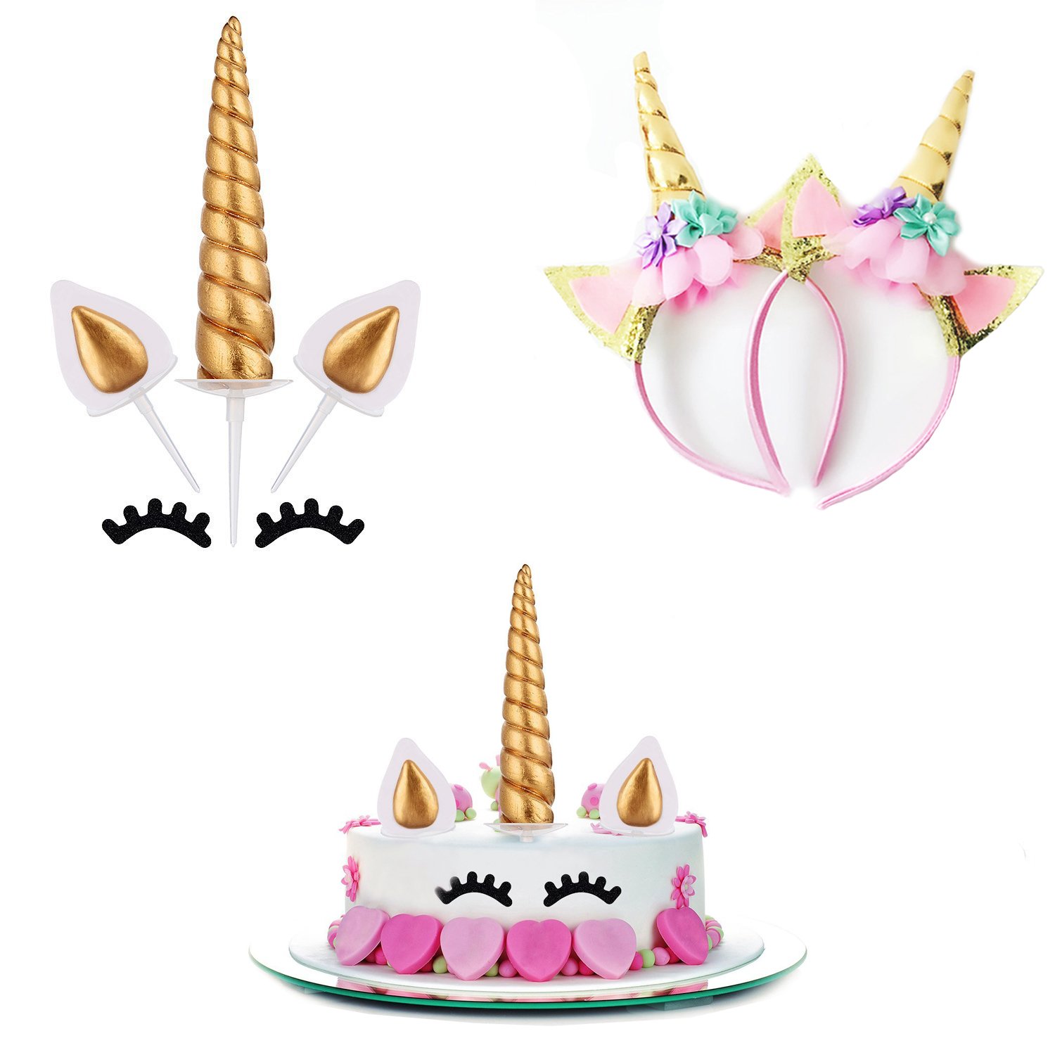 Romote Unicorn Cake Decorations,Cake Toppers Ears and Eyelashes Unicorn Party Baby Shower Wedding Headband For Girl(Gold)
