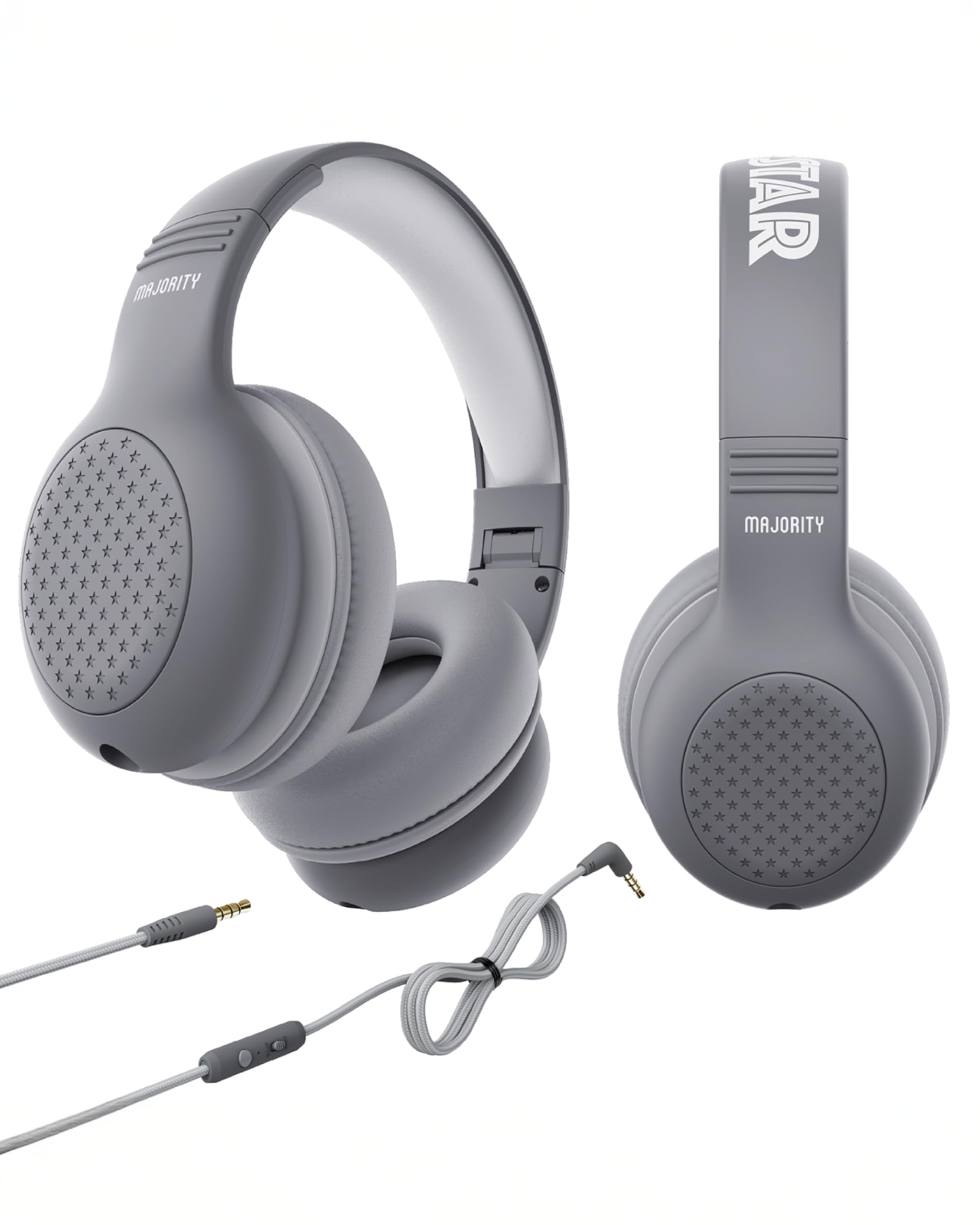 MAJORITY Wired Kids Headphones Over Ear | Comfort Soft Cushion Earpads | Lightweight & Fully Foldable Childrens Headphones Superstar | 85-94db Volume Limiter for School, Travel & Home | Grey