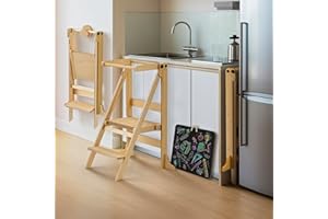 SAUCE ZHAN Toddler Tower Foldable Lightweight, Kitchen Step Stool with Hook, Helper Standing Tower with Adjustable Height & Chalkboard, Montessori Kitchen Tower for Toddlers Learning, Space Saving Kids Stool