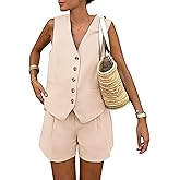 PRETTYGARDEN Women's Summer 2 Piece Outfits Sleeveless Matching Sets Button Down V Neck Vest Waistcoat and Pockets Shorts