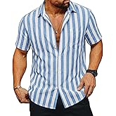 Runcati Mens Striped Button Down Shirts Casual Short Sleeve Linen Shirt Summer Beach Vacation Tops