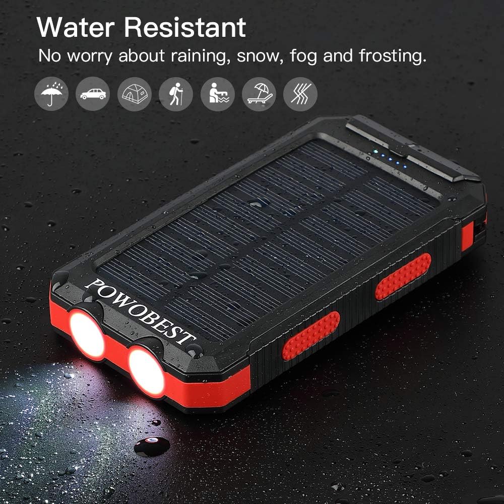 Solar Cell Phone Charger 10000mAh, POWOBEST Waterproof Solar Power Bank with Dual USB, External Backup Battery Pack for Smartphones, Portable Solar Panels with Flashlight & Compass: Home Audio & Theater
