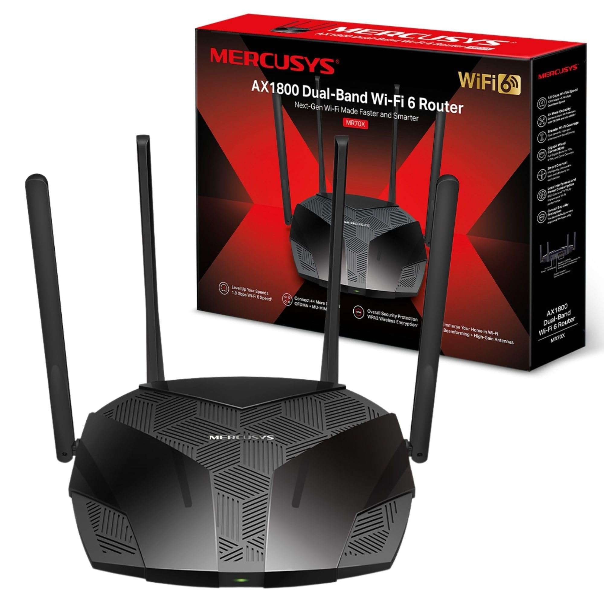 AX1800 Dual-Band Wi-Fi 6 Router, WiFi Speed up to 1201Mbps/5GHz+574Mbps/2.4GHz, 3 Gigabit LAN Ports, Ideal for Gaming Xbox/PS4/Steam & 4K (MR70X), Black