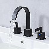 Friho Matte Black Bathroom Faucets for Sink 3 Hole,8 Inch Widespread Waterfall Vanity Faucet with Pop Up Drain and Supply Lines, FR3DC17924B