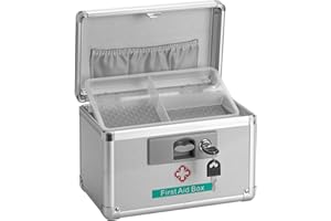 GODLONSEN Medicine Lock Box for Safe Medication - 10 x 6 x 6.7 Inches - Lockable Storage Box for Drugs, First Aid Kit Empty, Lock Boxes with Key for Home/Outdoor (Silver/Small