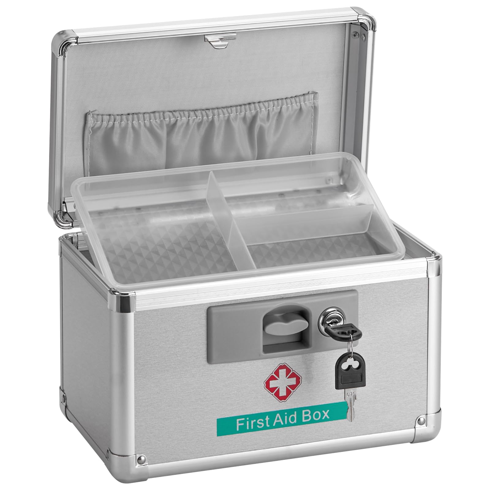 GODLONSEN Medicine Storage Box, 10''x 6''x 6.7'', Lockable Medicine Box, Portable Medication Box with Key Lock & Removable Tray, Lock Box for Medication, Snacks and Electronics, Silver, Small