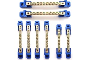 Tnuocke 8pcs Grounding Bus Bar,Terminal Bus Bar Terminal Block Brass Wire Screw Terminal,Single Row 6/8/10 Positions Grounding Strip Bus Bar Block Blue H-078-Kit