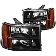 DNA MOTORING Pair Headlight Assembly Compatible With 07-13 GMC Sierra 1500/07-14 Sierra 2500 HD 3500 HD, Black/Amber, HL-OH-GMCSIE07-BK-AM