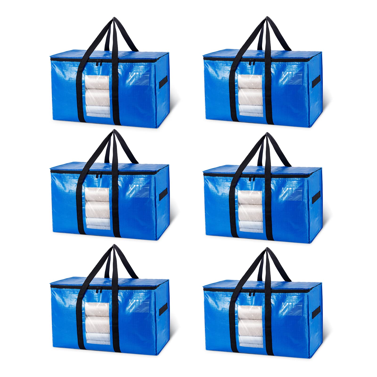 TAILI Heavy Duty Moving Bags 6 Pack Extra Large Storage Bags,Clothes Storage with Zips, Clear Window & Reinforced Handles,Waterproof Moving Bags with Lid for Clothes,Moving,Travel,Beddings