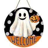 Bolisom Welcome Halloween Spooky Ghost Front Door Sign, Scary Jack O | Lantern Pumpkin Wood Hanger Outdoor Outside Porch Home Decor, Funny Polka Dots Wooden Wreath Indoor Wall Hanging Decoration