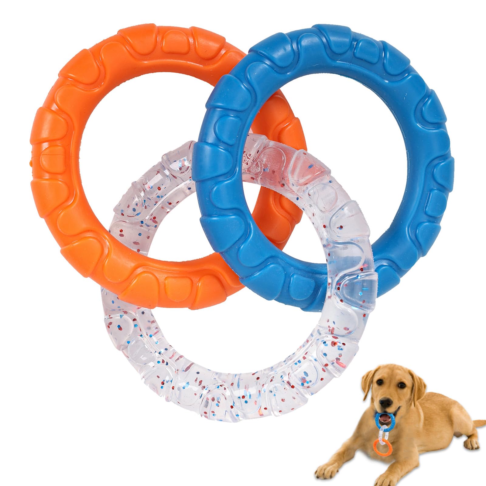 Duuclume TPR 3-Ring Tug Dog Toy, Sturdy & Water Resistant Dog Chew Toy for Pets Training Teething, Interactive Fetch Toy for Puppy Small Medium Large Breeds Aggressive Chewers (Orange & Blue)