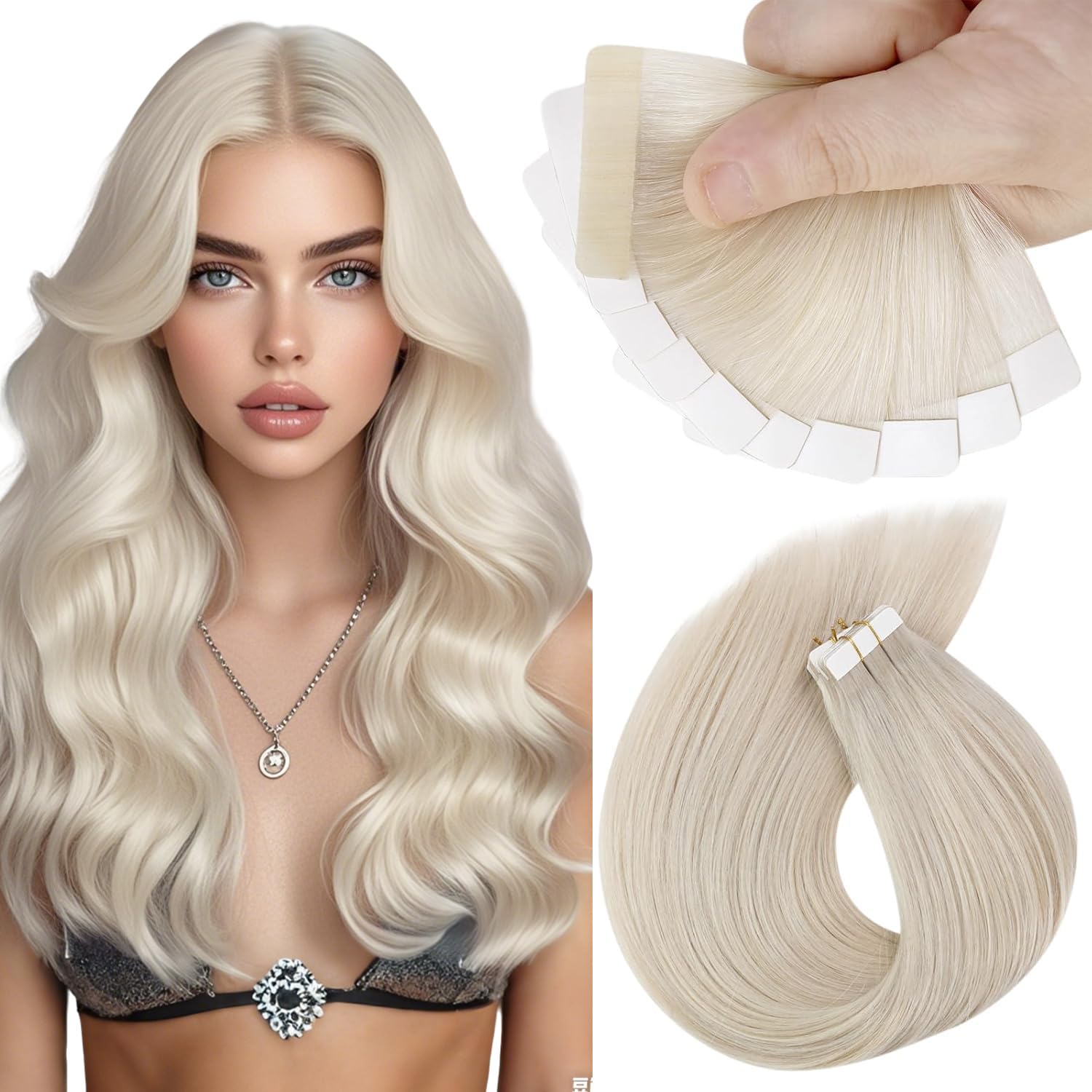 Photo 1 of Sunny Hair Tape in Hair Extensions Real Human Hair Invisible Remy Hair Extensions Tape ins for Women White Blonde 18 inch 25G