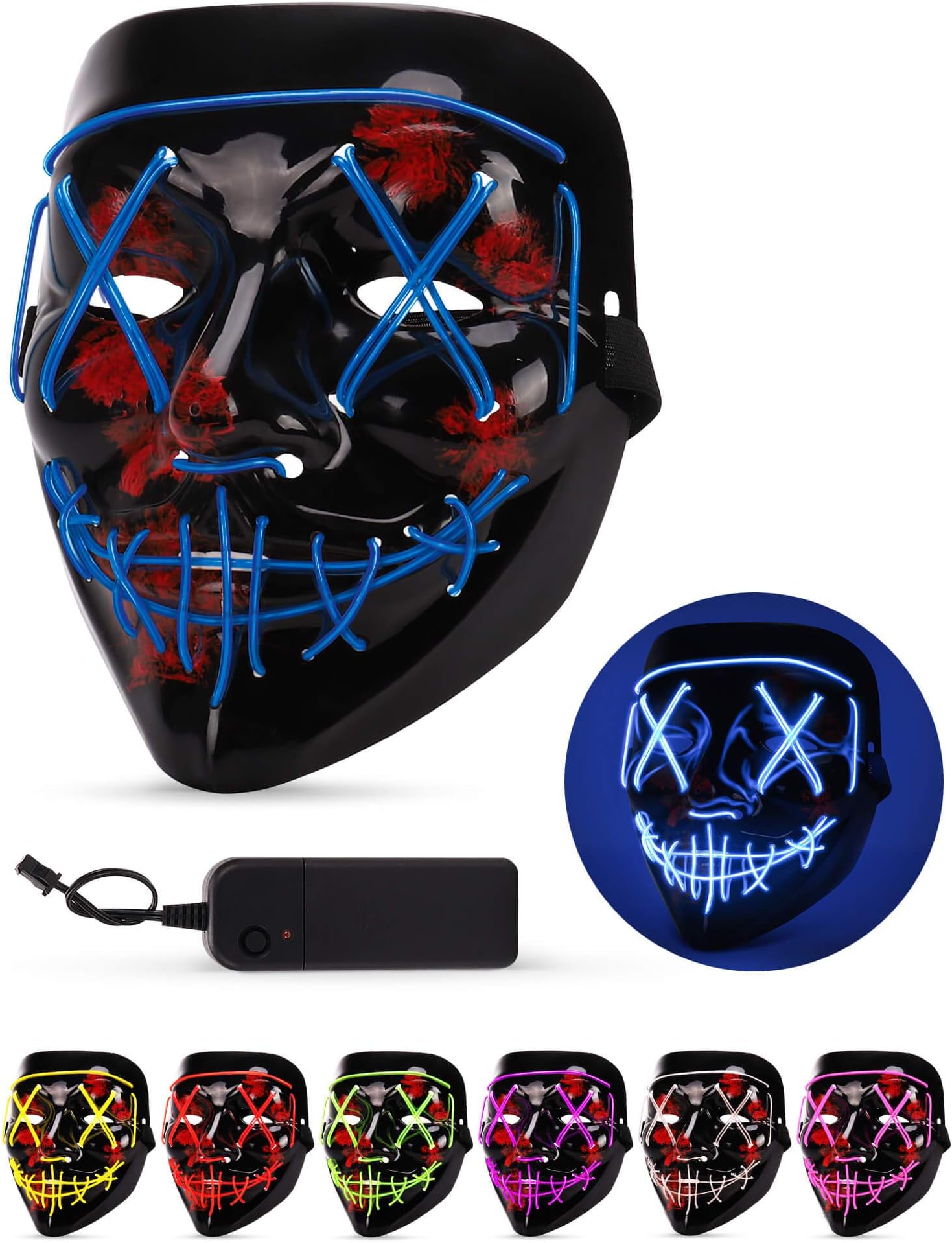 AnanBros Scary LED Halloween Mask, Light up Mask Cosplay, LED Rave Face Mask Costume 3 Lighting Modes, Halloween Face Masks for Men Women Kids - Blue