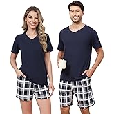 SPKPKEY Matching Pajamas for Couples Soft Lounge Set Short Sleeve Tops and Shorts Casual V Neck Sleepwear Loungewear S-XXL