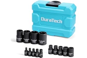DURATECH 14-Piece External Star Impact Socket Set with Storage Case, E4 to E24, 1/4”, 3/8”, 1/2” Drive Female E-Torx Torque Socket for Working with Impact Wrench, Cr-V Steel