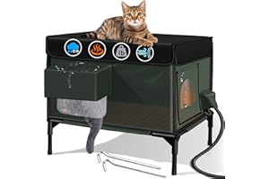 LUBLACET Heated Cat House for Outside Cat Insulated in Winter,Fully Waterproof,with Adjustable Awning,Escape Door,Indoor Outdoor Cat Shelter for Feral Stray Barn Cat to Stay Warm & Dry,Dark Green,M-13x21x20in