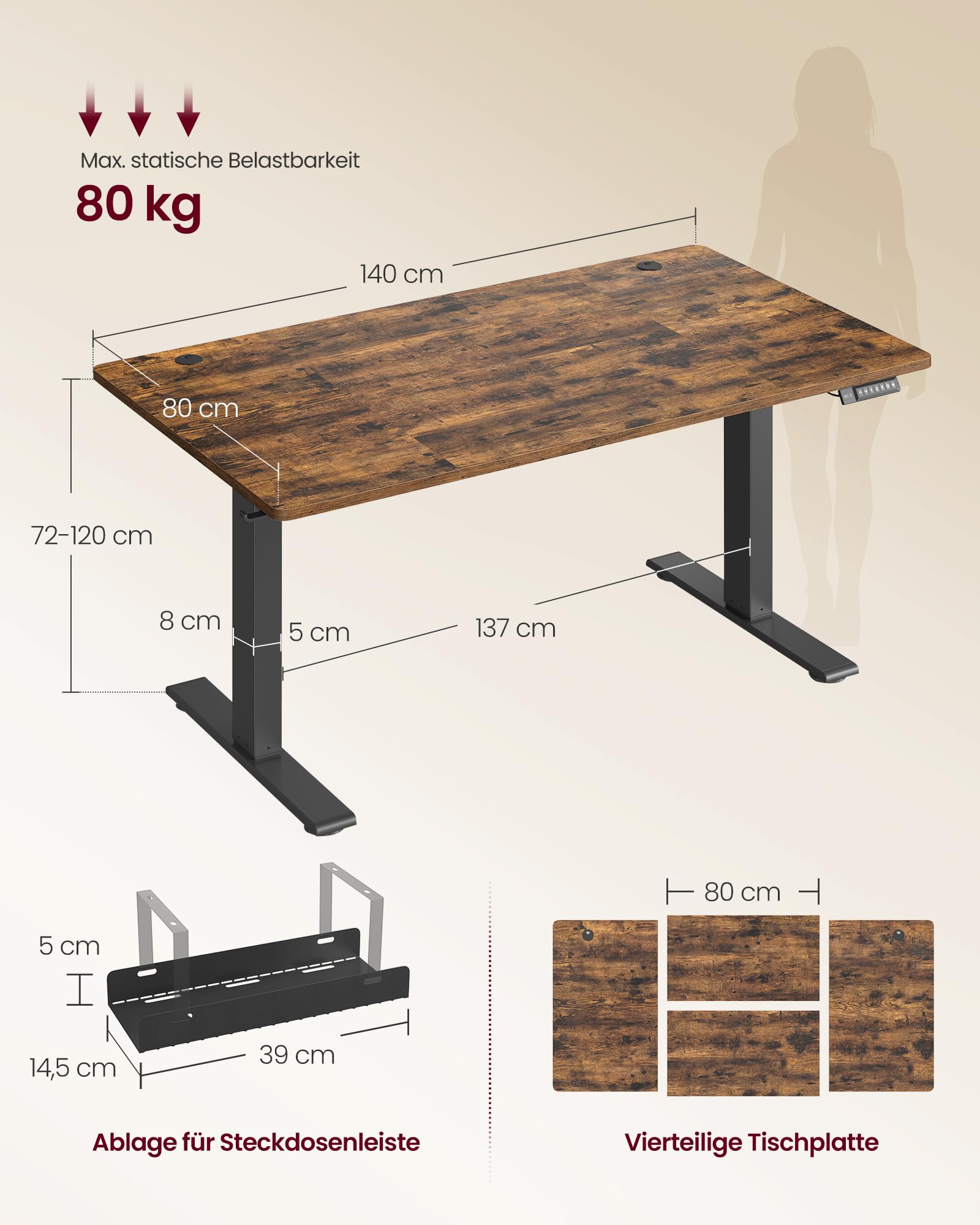 VASAGLE Höhenverstellbarer Schreibtisch, 140 x 80 cm, USB-C-Anschluss, Ablage für Steckdosenleiste, Stehtisch, Erinnerung bei langem Sitzen, 3 Speichertasten, für Büro, vintagebraun LSD144KD02 7