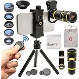 Godefa Cell Phone Camera Lens with Tripod+ Shutter Remote,6 in 1 18x Telephoto Zoom Lens/Wide Angle/Macro/Fisheye/Kaleidoscop
