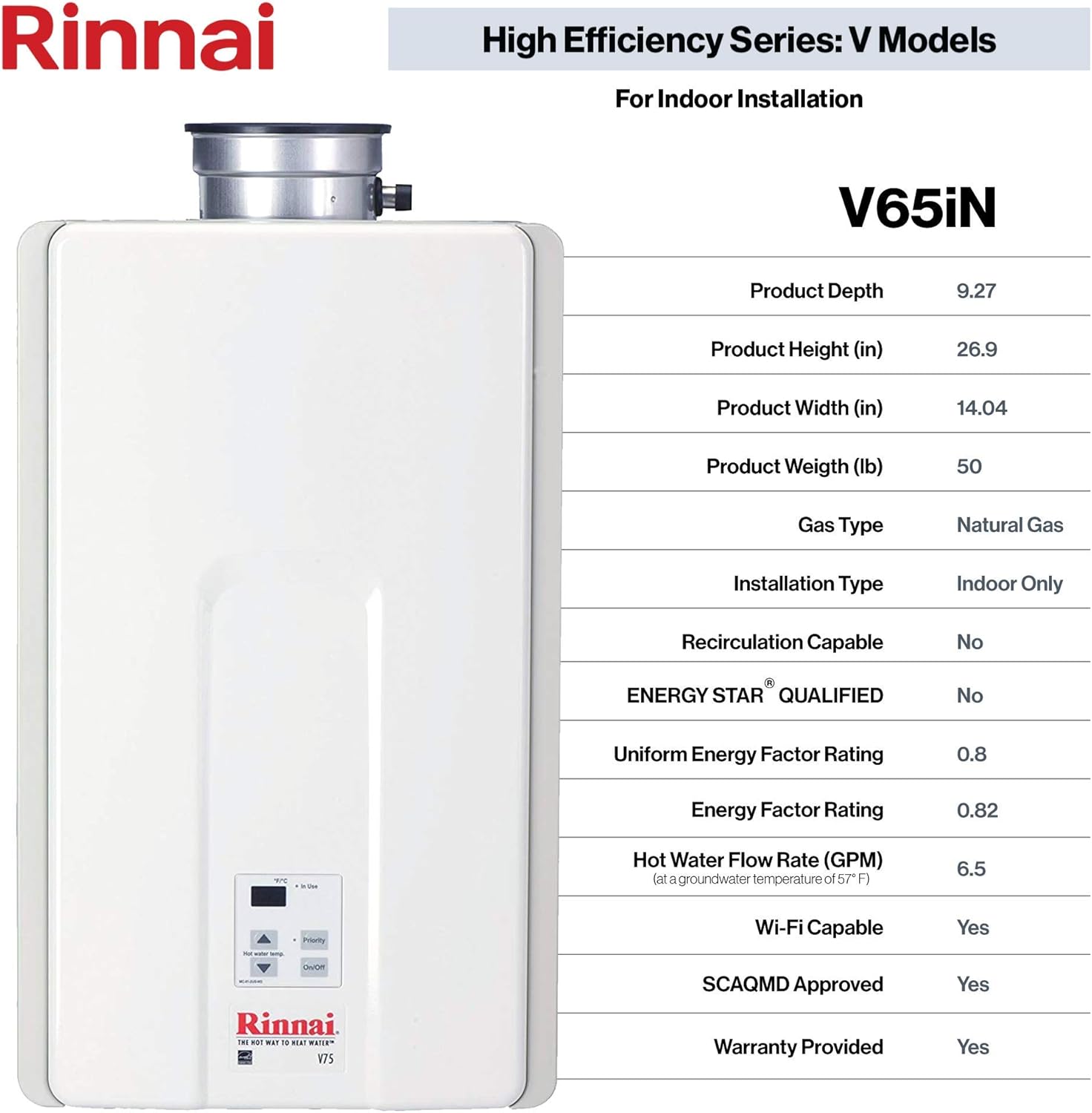 Rinnai V65IN Tankless Water Heater, Large, V65iN-Natural Gas/6.5 GPM - - 