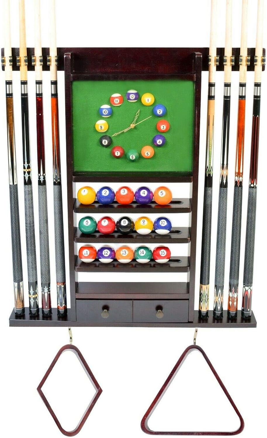 billiard cue wall rack on Amazon Com Kanizz Wall Mounted 8 Billiards Stick Rack Hardwood W Clock Wooden Wall Rack Pool Cue Full Ball Set Shelf Dual Storage Drawer Hook Snooker Equipment Cue Rack Only Pub Restuarant Mahogany