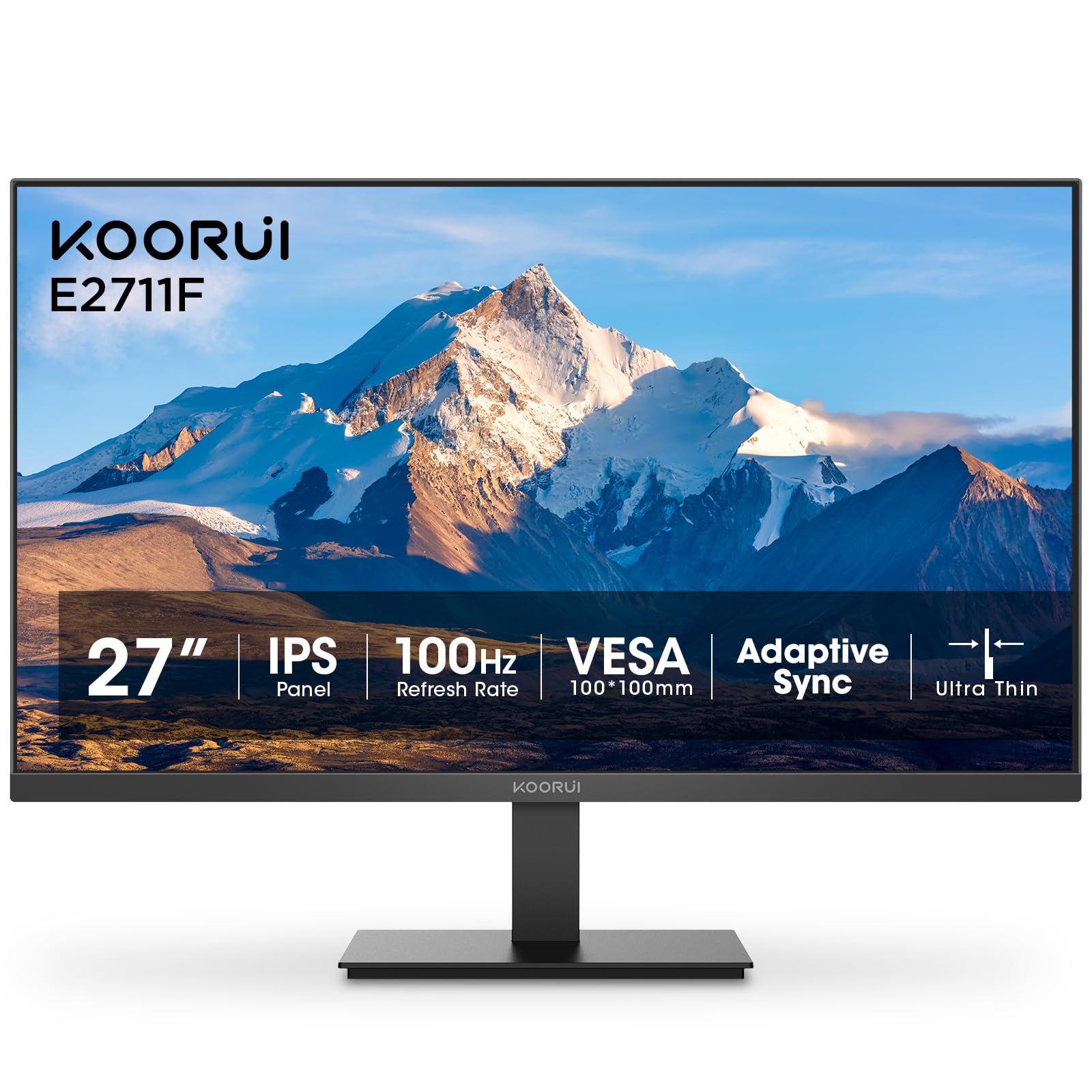 Photo 1 of KOORUI 27 Inch Monitor, Full HD 1080P 100Hz Computer Monitor, IPS Display, HDMI, VGA, 4ms Response Time, 100 x 100 mm VESA Mountable, Frameless, Ergonomic Tilt, Black