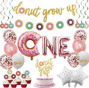 Donut First Birthday Party Decoration Supplies Kit, 37Pcs, 1st Birthday Decorations, Including Donut One Foil Balloon, Donut Banner, Donut Grow up Banner, Cake Topper, Swirl, Star Foil, Latex Balloon