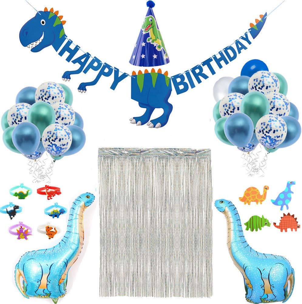 Dinosaur Party Supplies 67 pcs for Birthday Decorations for kids Dinosaur Wristband Party favors Dinosaur party balloons Dinosaur Cake Topper Foil Fringe Curtains Dino Party Decorations