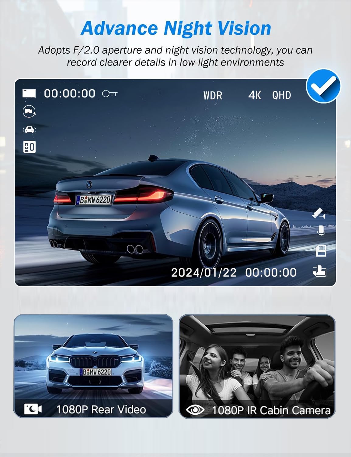3 Channel 4K Dash Cam Front and Rear Inside, Built-in 5G WiFi,4K+1080P+1080P Dash Camera with 64GB Card,3.16” IPS Screen,Loop Recording, G-Sensor, 24H Parking Monitor, Night Vision(Black)