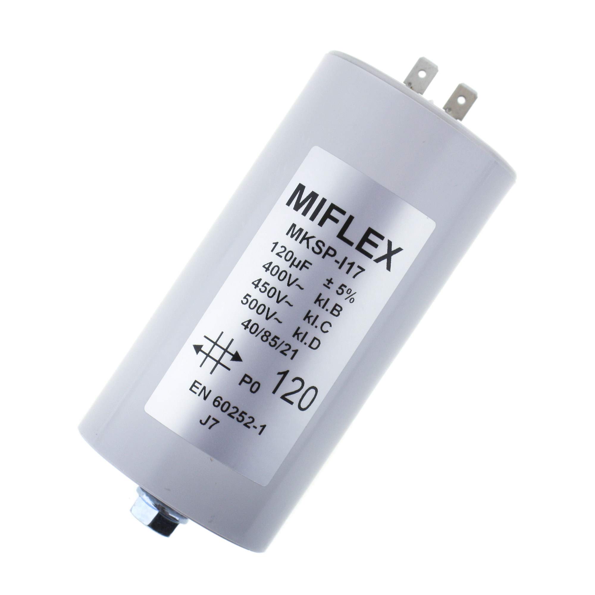 Start-up capacitor motor capacitor 120 µF 400 V 60 x 119 mm plug, Miflex, 120 uF