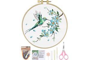 ERKOON Embroidery Kit for Beginners, Hummingbird and Flower Cross Stitch Set for Include Embroidery Cloth Hoops Threads for Craft Lover Hand Stitch with Embroidery Skill Techniques (Green Hummingbird)