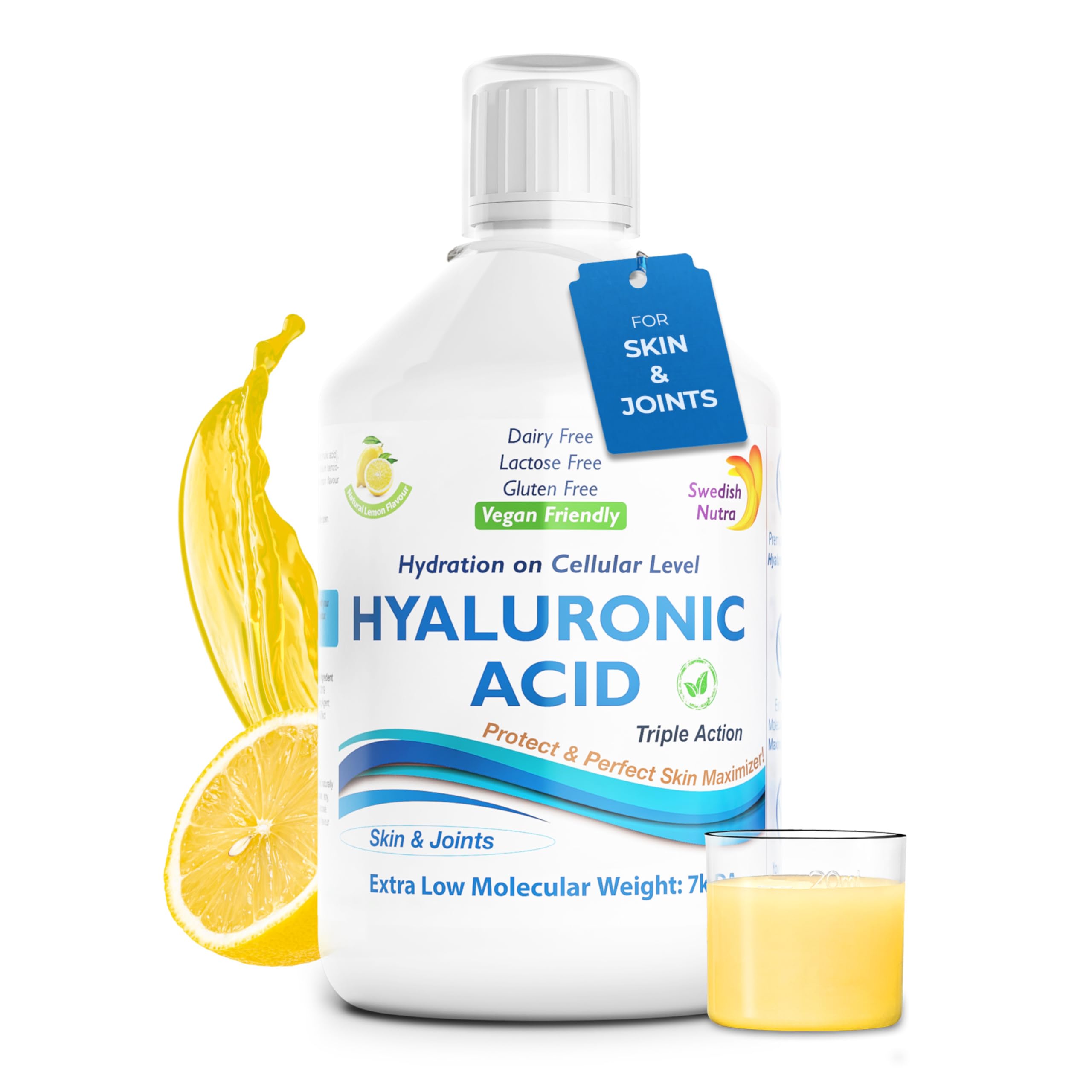 Swedish Nutra - Hyaluronic Acid Liquid Supplement - Pack of 500 ml, 33 Day Supply | Plus Vitamin C & Silica for Skin & Joint Hydration | Vegan & Free from Sugar & Gluten | 100% Natural Lemon Flavour
